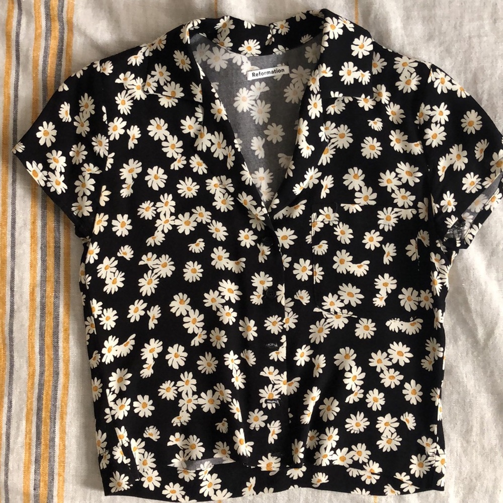 Reformation Black Daisy Print Blouse